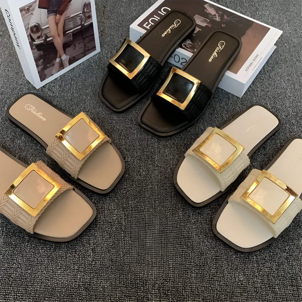 Women's flat summer slippers in apricot colour with slip-on design and textured PVC sole