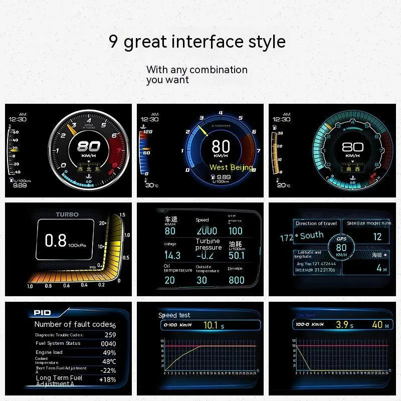 OBDII monitor driving computer with GPS BeiDou support showing multilingual interface options on TFT screen