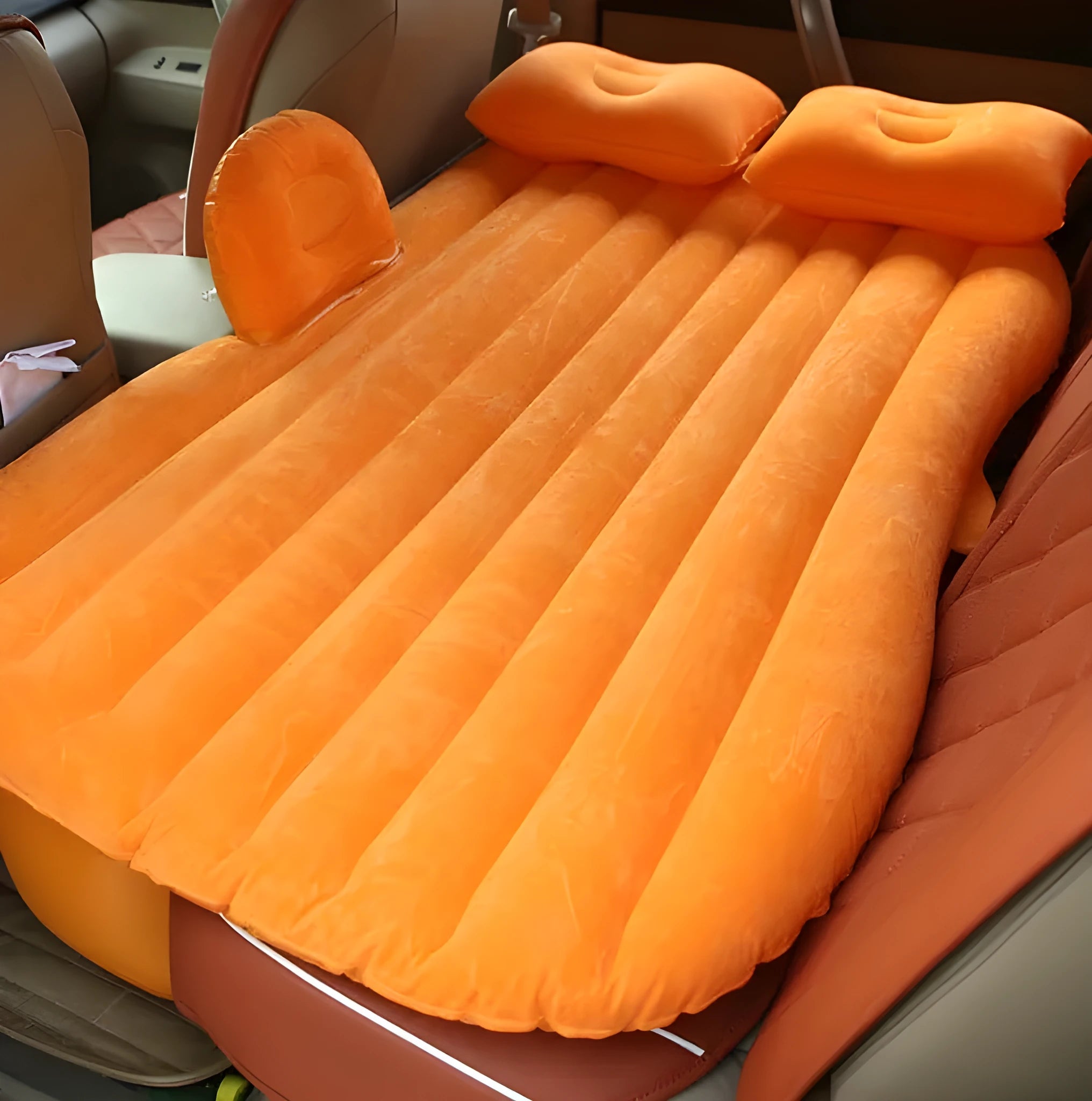 Car inflatable bed with ultra-thickened flocking cloth in black wave colour, includes pillows and storage bag