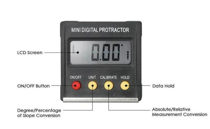 Mini magnetic angle inclinometer with digital display and magnetic base on metal surface