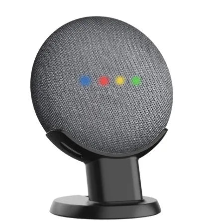 Compact plastic table holder stand for Google Home Mini in black colour with cable slot visible