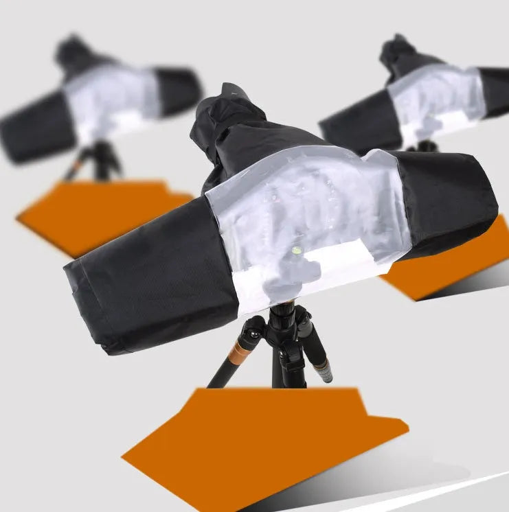 Single lens reflex camera with long focus lens fitted with a rainproof cover for outdoor wet weather protection