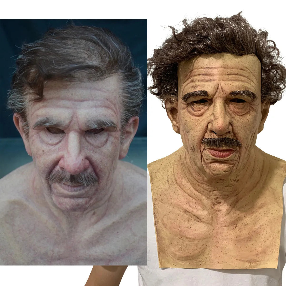 Latex Halloween old man mask with white hair and white beard, curly hair style on display
