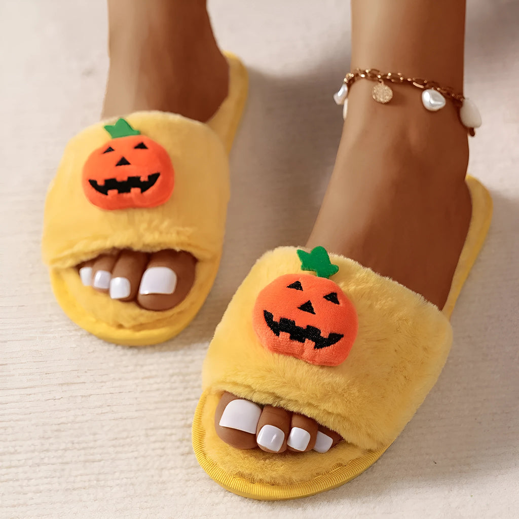 White and yellow Halloween pumpkin cartoon plush slippers with open toe and PVC sole.