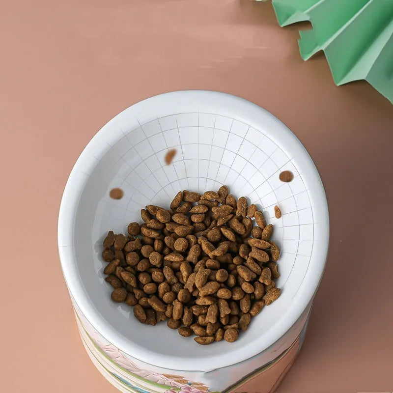 Chinese style ceramic cat bowl with high leg, double bowls and oblique mouth in universal colour for pet feeding