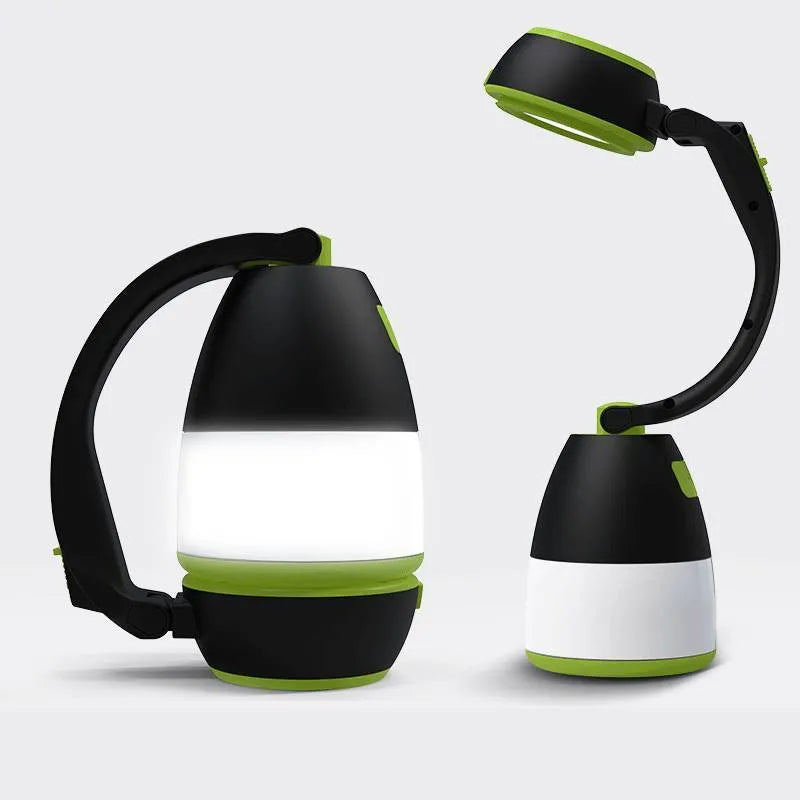 Black green three-in-one LED camping lamp with adjustable head and USB charging port
