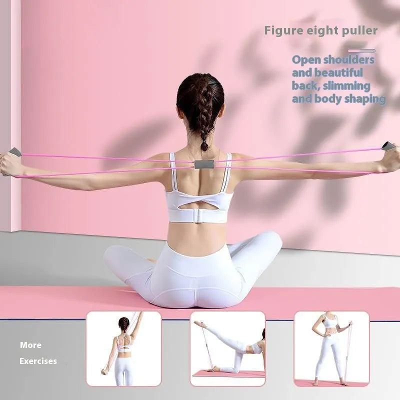 Yoga four piece set showing leg stretching device, yoga ring, pedal chest expander and figure eight tension rope