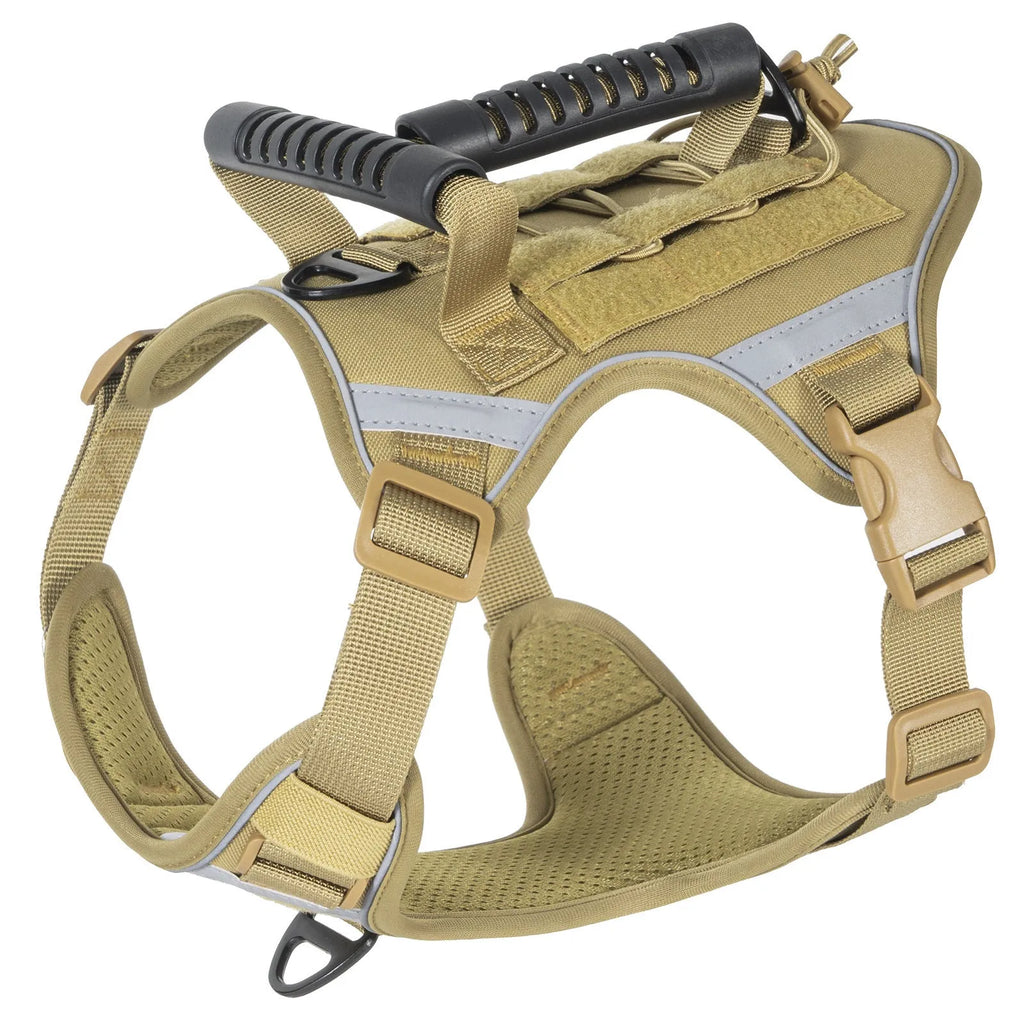 Tactical dog harness vest made from breathable polyester with hand holding rope and reflective strip in army green colour