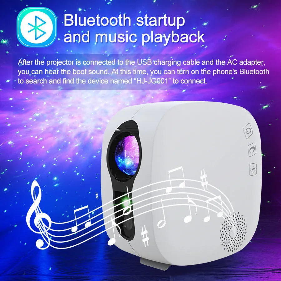Laser starry sky projection lamp showing colourful nebula and moon pattern, black finish, with USB power cable