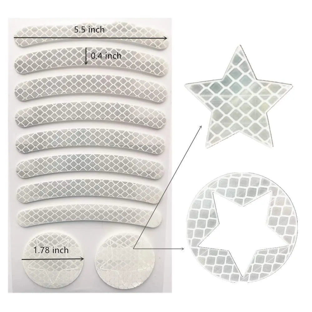 Reflective grid pattern safety tape for bicycles in red, yellow, blue, and white colours.