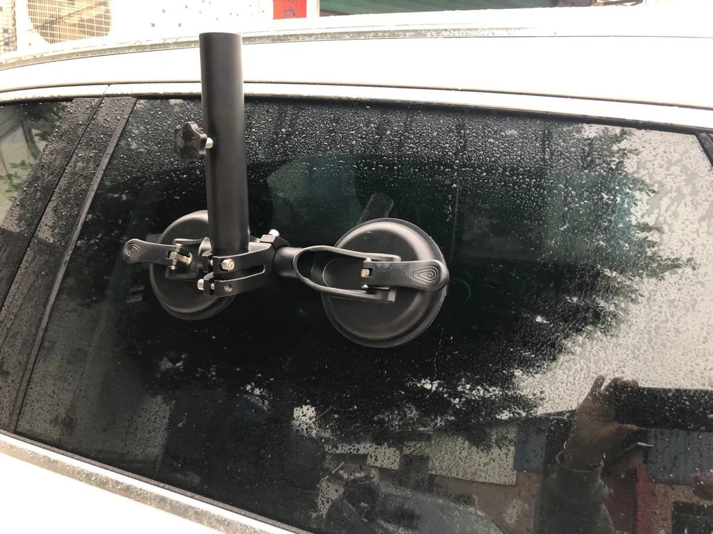 Black off-road car flagpole sucker base with round rubber suction cup and ABS plastic body.