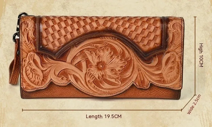 Brown genuine leather tri-fold wallet with embossed floral pattern showing interior compartments