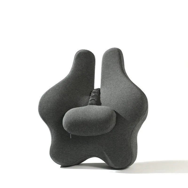 Grey adjustable memory foam car lumbar support cushion on a car seat, 50x47x9cm