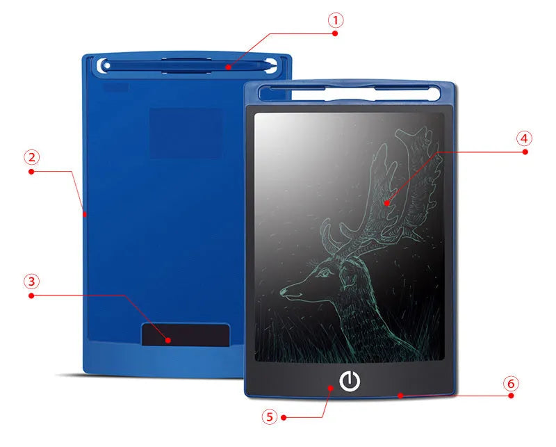 LCD writing tablet with pressure-sensitive blue-green screen and black ABS frame on desk