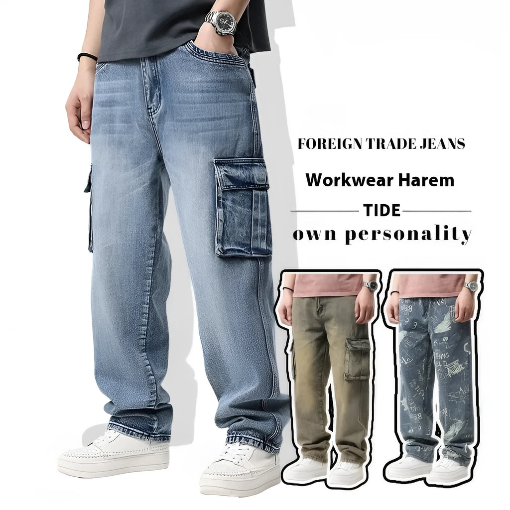Men's hip hop retro multi-pocket denim trousers in 1908 Blue, high waist, straight-leg loose fit, cotton fabric