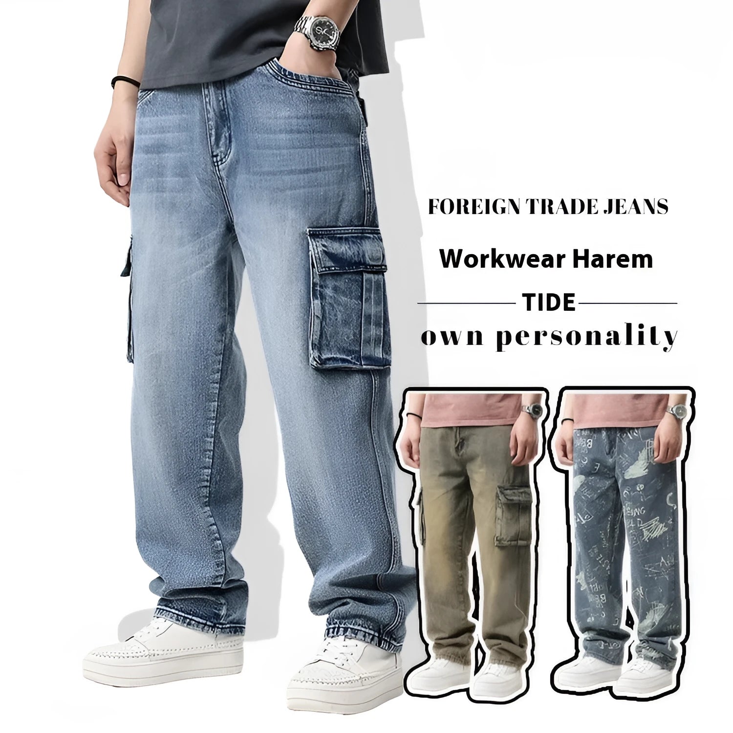 Men's hip hop retro multi-pocket denim trousers in 1908 Blue, high waist, straight-leg loose fit, cotton fabric