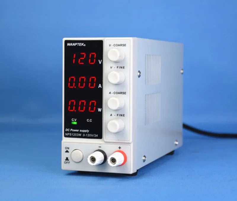 White adjustable DC laboratory power supply unit with controls for 0-60V and 0-5A output.