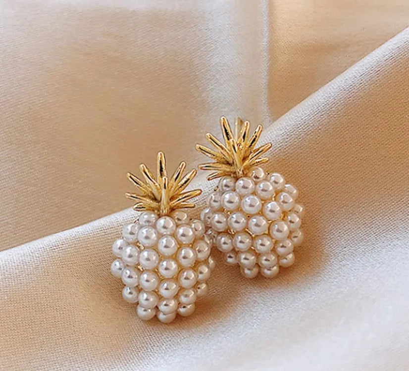 Korean style pineapple and starfish pearl earrings with electroplated alloy construction and artificial gem accents.