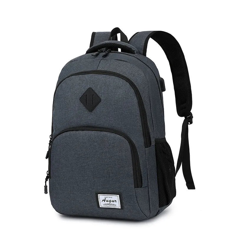 Grey nylon backpack with USB charging port and trolley case sleeve
