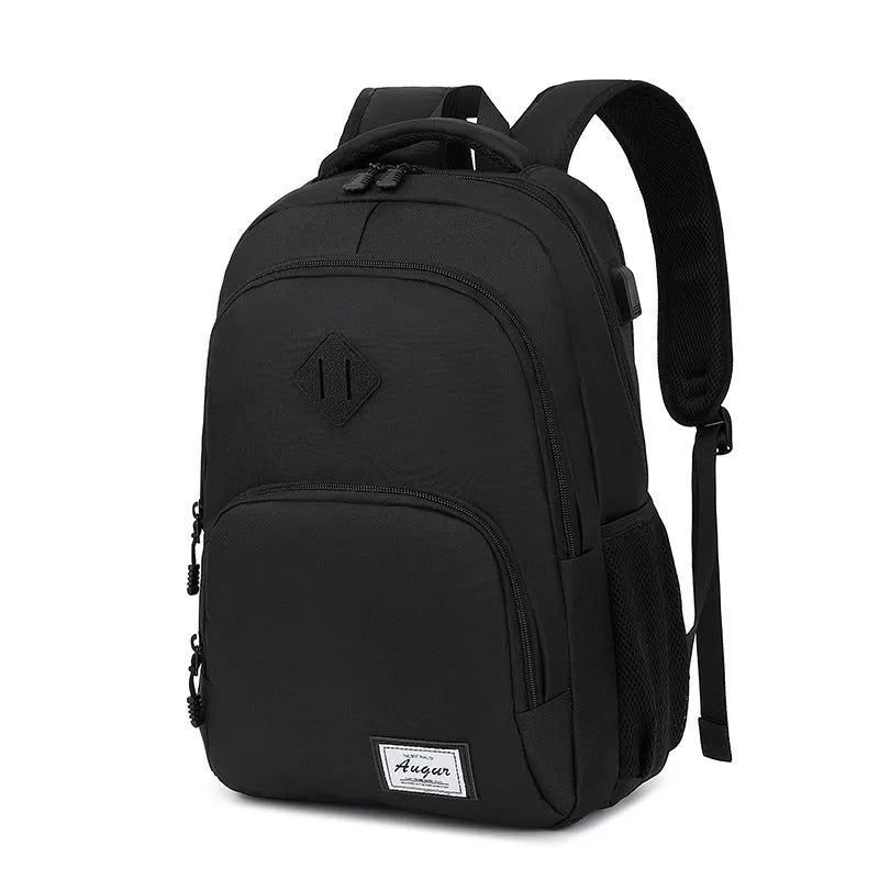 Grey nylon backpack with USB charging port and trolley case sleeve
