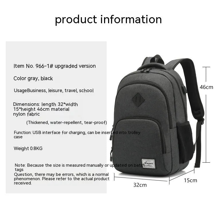 Grey nylon backpack with USB charging port and trolley case sleeve