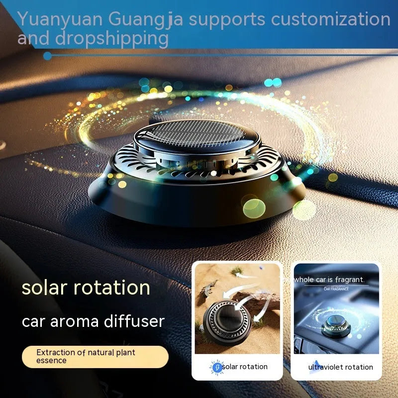 Solar-powered kinetic double ring rotating car air freshener fragrance diffuser on a car dashboard.