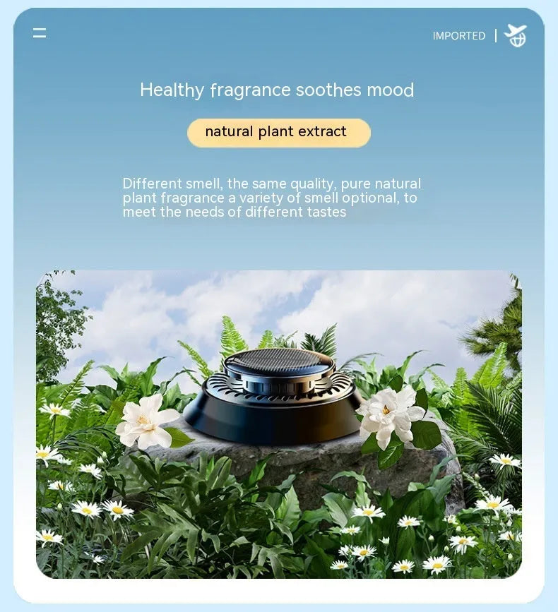 Solar-powered kinetic double ring rotating car air freshener fragrance diffuser on a car dashboard.