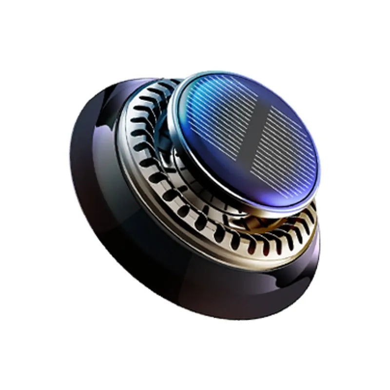 Solar-powered kinetic double ring rotating car air freshener fragrance diffuser on a car dashboard.