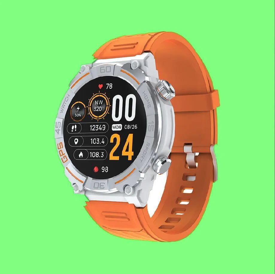 MG02 smart watch in black colour on wrist, showing time and health stats on its TFT screen.