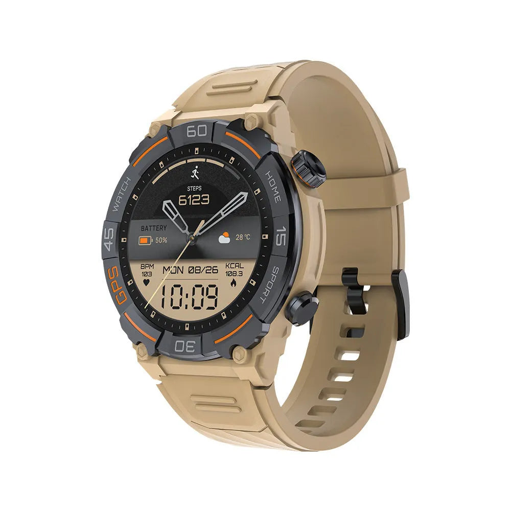 MG02 smart watch in black colour on wrist, showing time and health stats on its TFT screen.