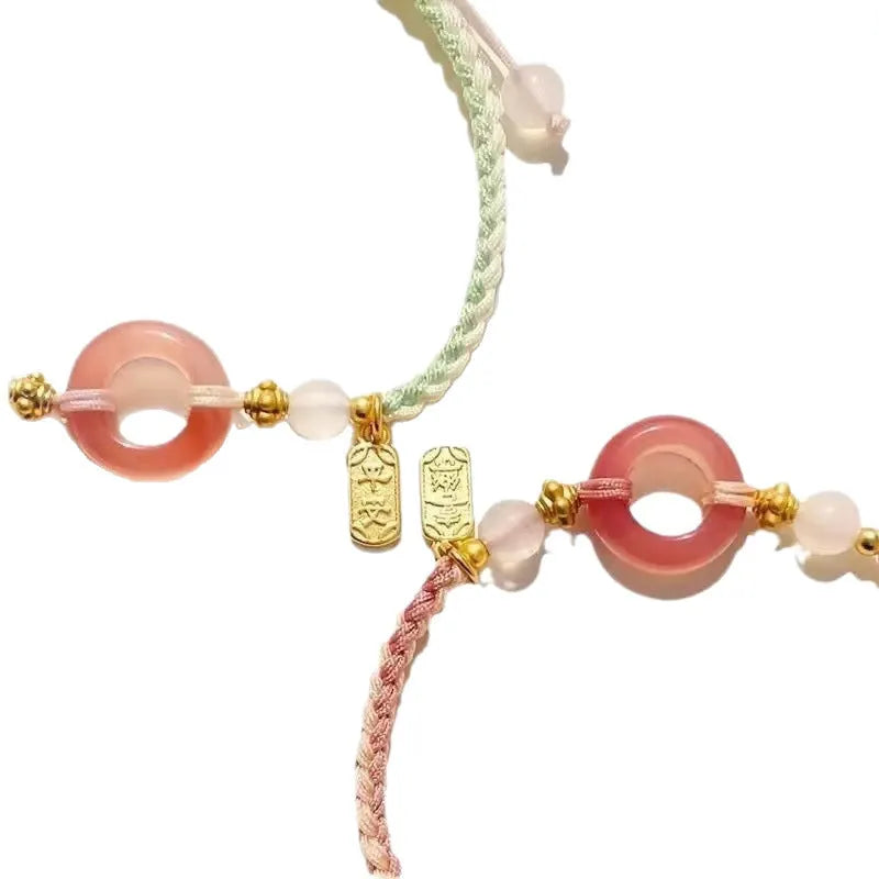 Peach blossom peace buckle woven bracelet in green pink and black for women unisex DIY watch band
