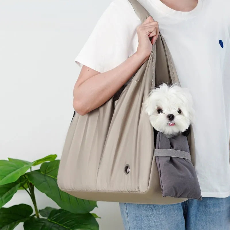 Apricot-coloured cloth pet travel handbag for small dogs and cats