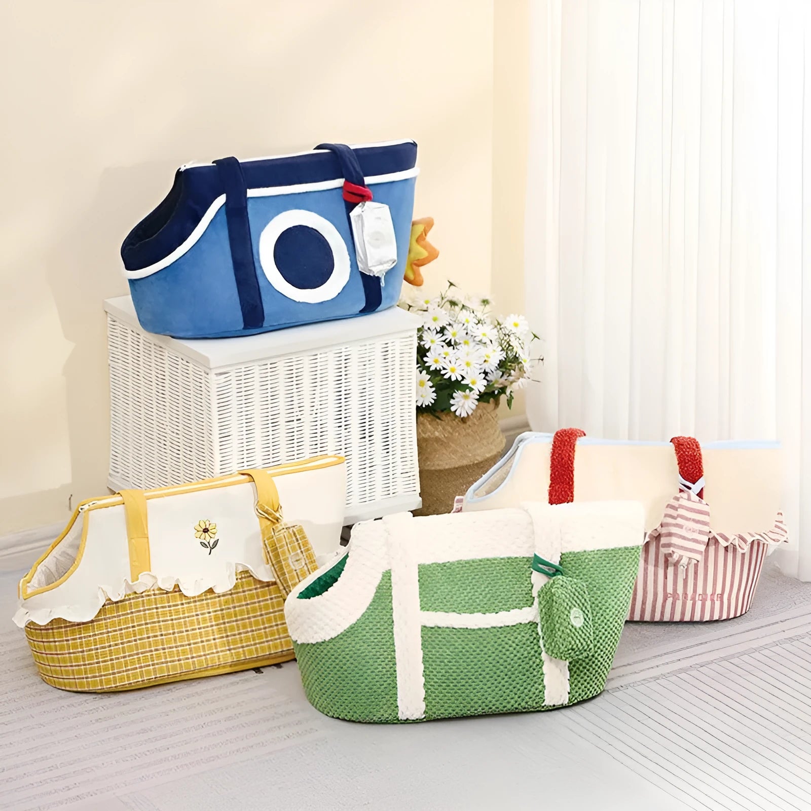 Shoulder cat bag pet carrier in green with cartoon pattern and short plush material