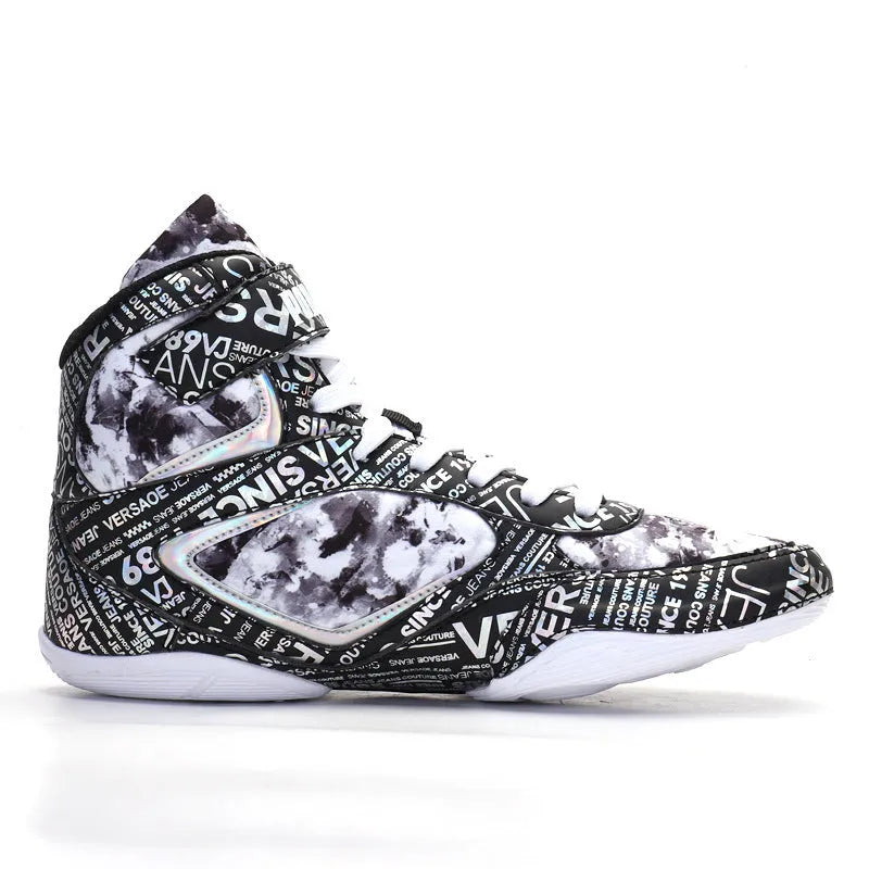 High-top boxing shoes in solid colour graffiti style with mesh upper and rubber sole on ground surface