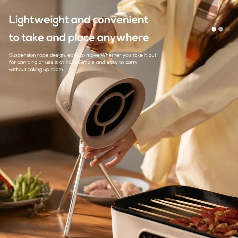 Milky white portable desktop exhaust fan with tripod stand and USB cable