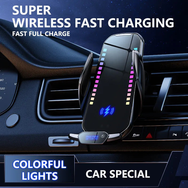 Silver car phone holder with wireless charging and auto clamp on dashboard