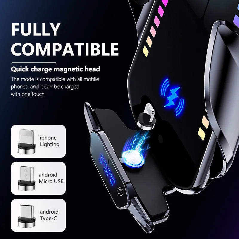 Silver car phone holder with wireless charging and auto clamp on dashboard