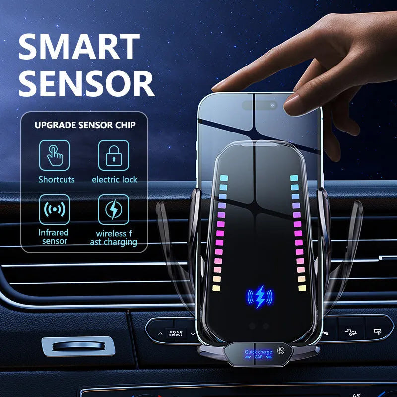 Silver car phone holder with wireless charging and auto clamp on dashboard
