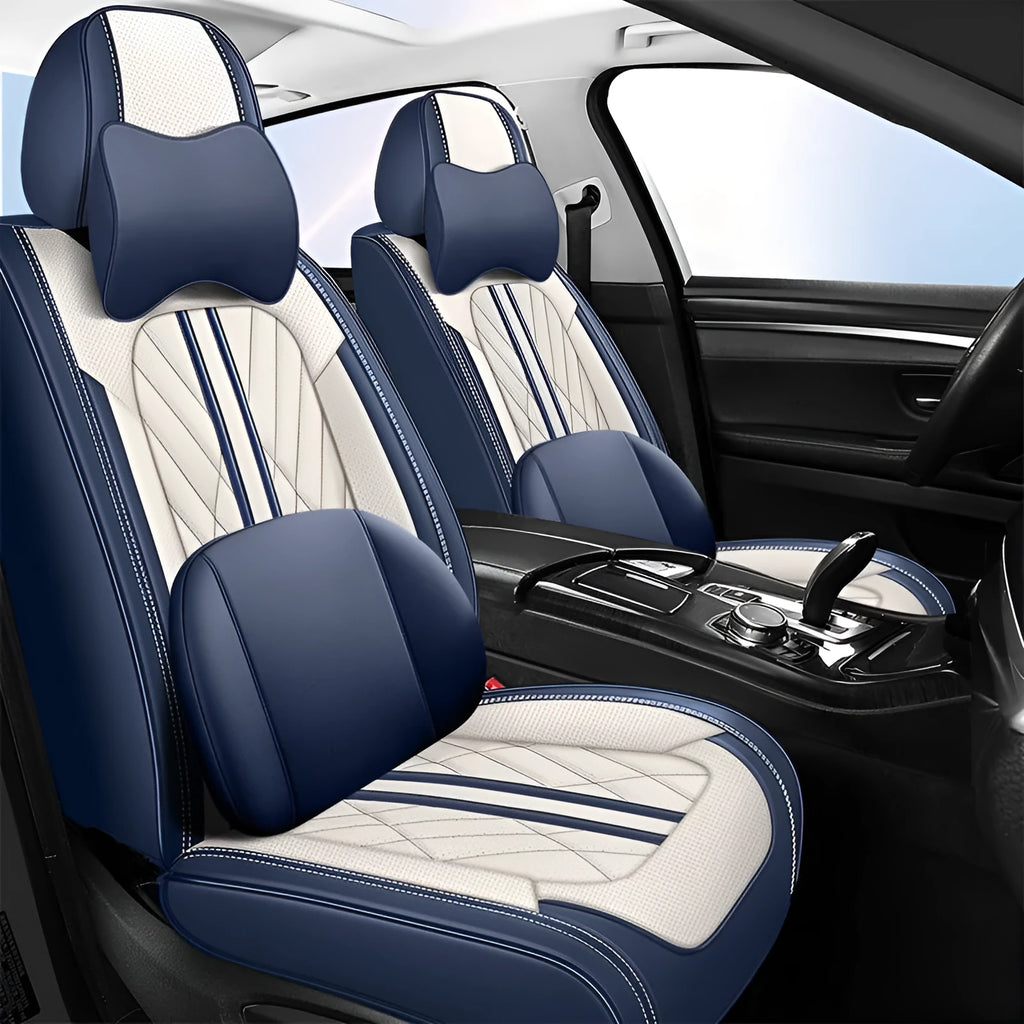 Five-seat car seat cushion set in leather-look material with padded filling and decorative hemming stitching, close-up view