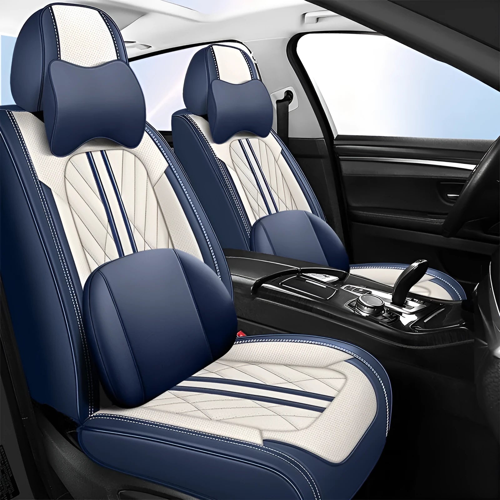 Five-seat car seat cushion set in leather-look material with padded filling and decorative hemming stitching, close-up view