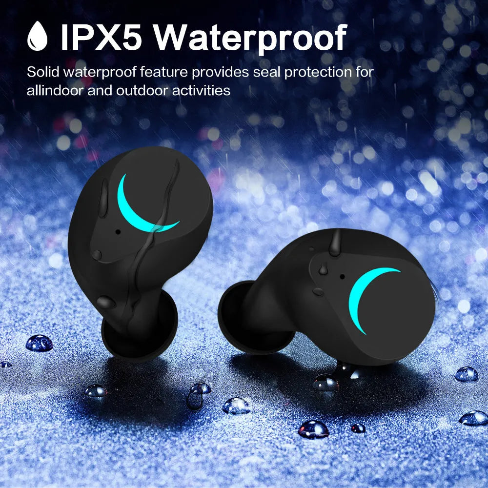Black TWS Bluetooth headset wireless earbuds with charging case on white background