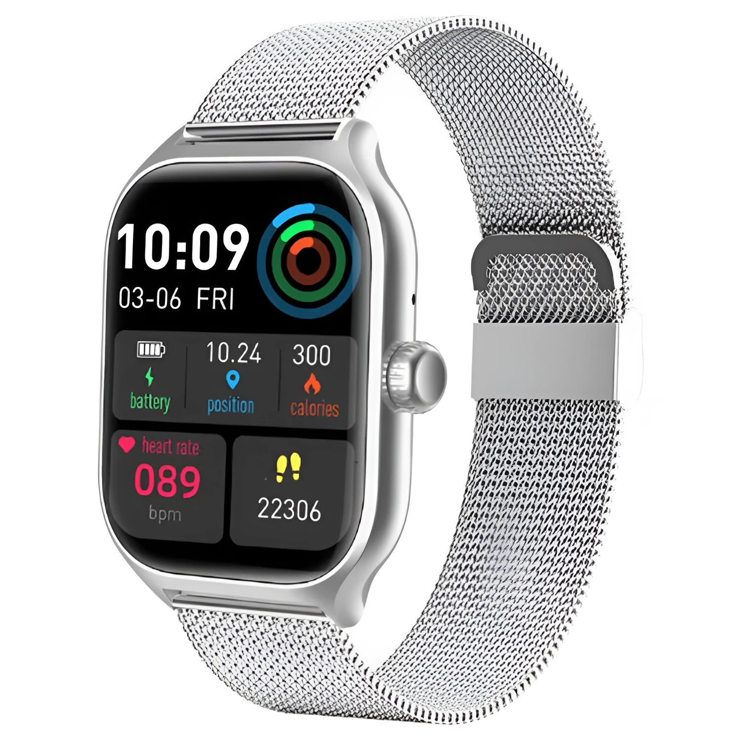 Bluetooth smart watch with full touch screen on silicone strap, showing heart rate monitoring display.