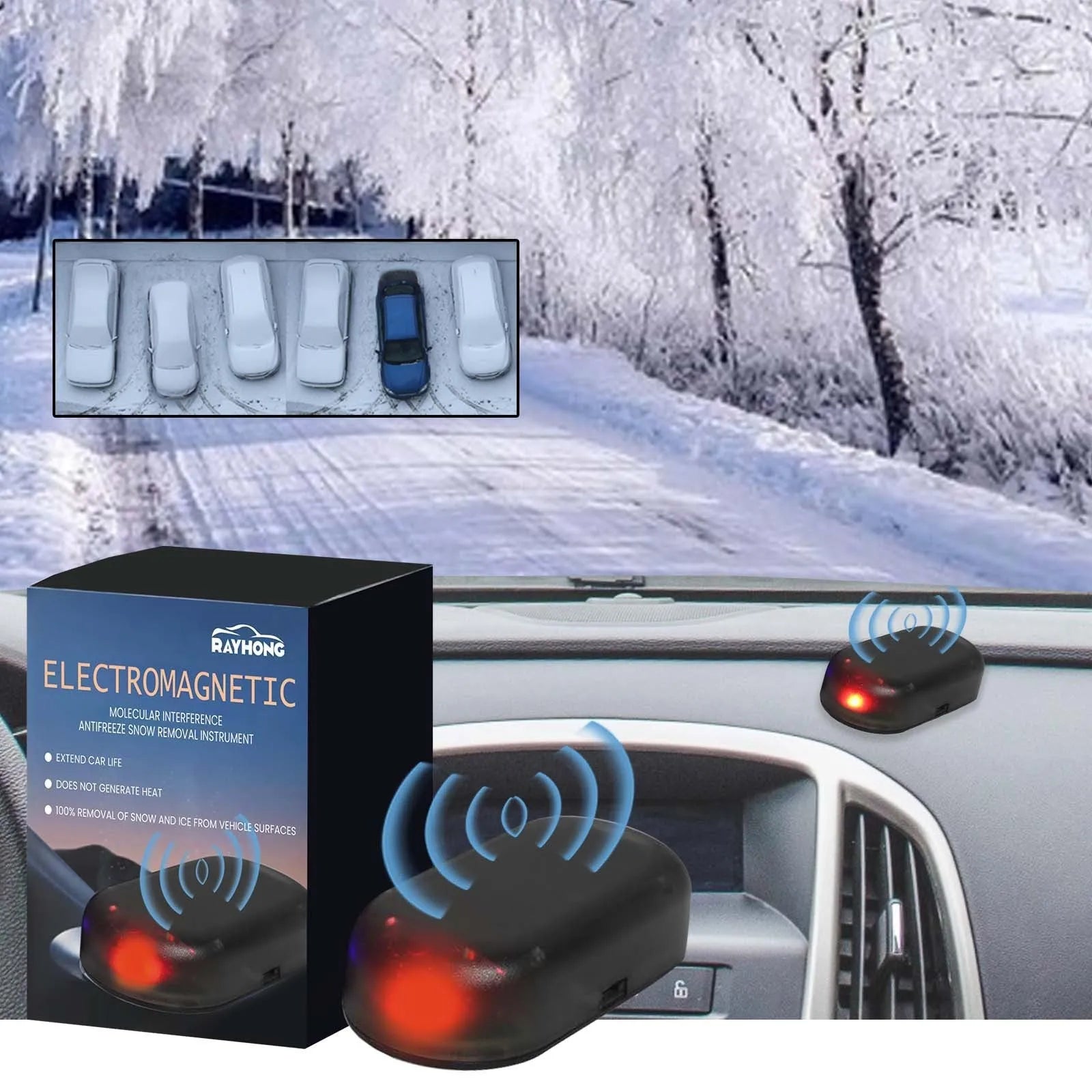 Black car snow removal deicer with special glass element measuring 5 x 2.6 x 1.5 cm for melting snow on windscreens