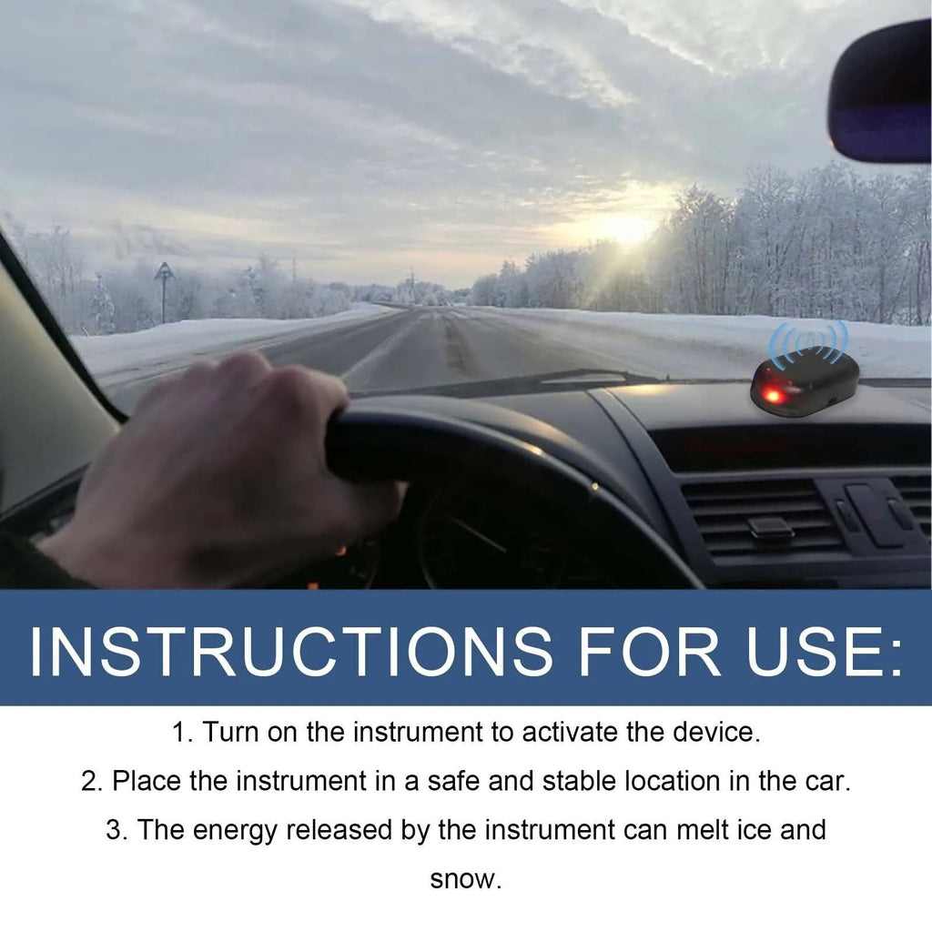 Black car snow removal deicer with special glass element measuring 5 x 2.6 x 1.5 cm for melting snow on windscreens