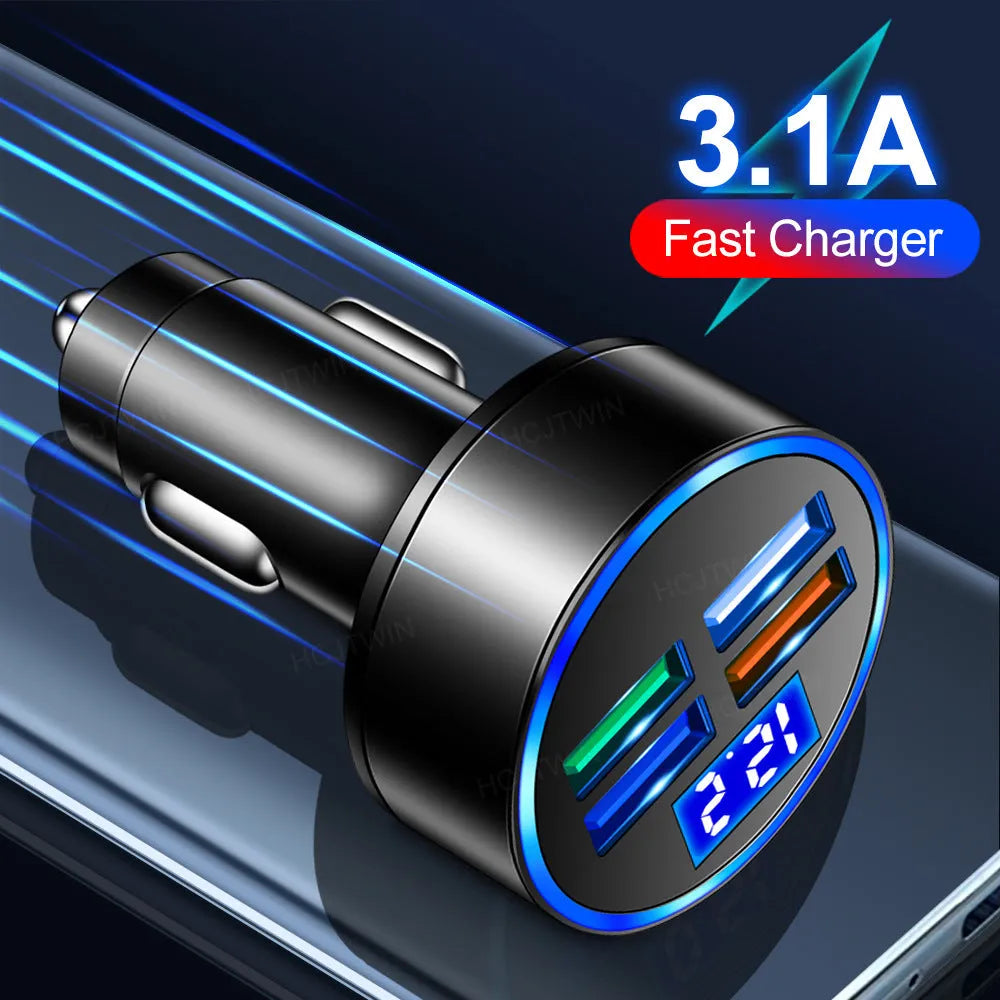 Black multi-port car charger for 12-24V vehicles with 3100mA output capacity
