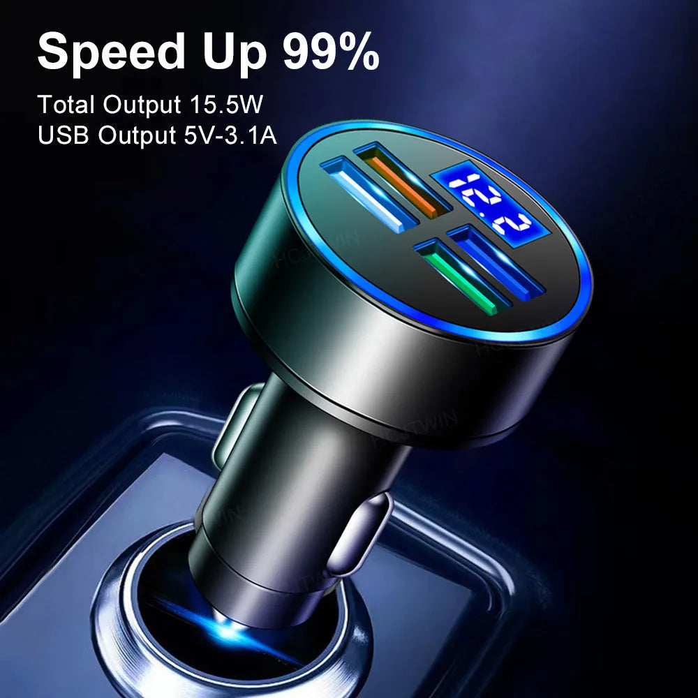 Black multi-port car charger for 12-24V vehicles with 3100mA output capacity