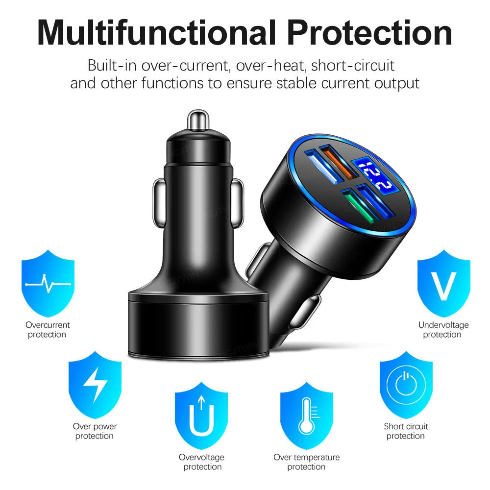 Black multi-port car charger for 12-24V vehicles with 3100mA output capacity