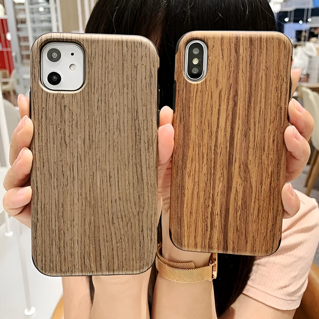 Wooden iPhone case with raised edge lip protection in natural bamboo or rosewood with visible grain patterns