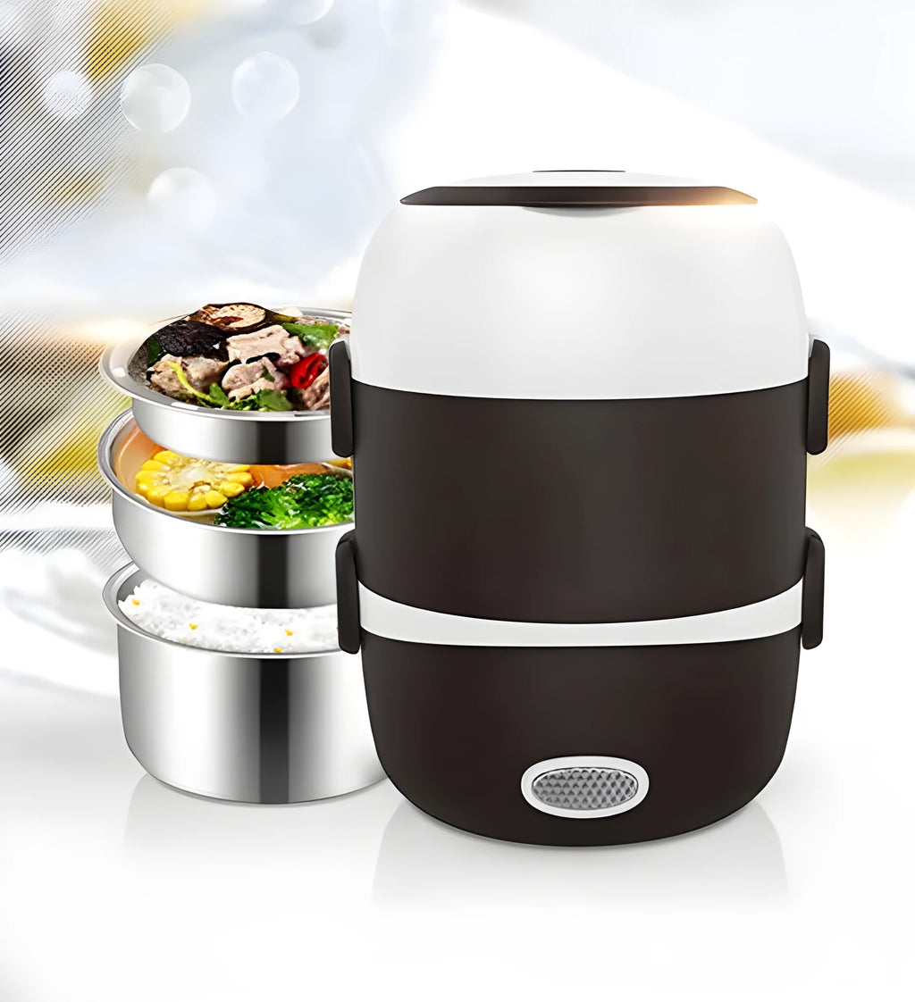 USB-powered multi-function lunch box showing 2-layer and 3-layer configurations with 190mm dimensions