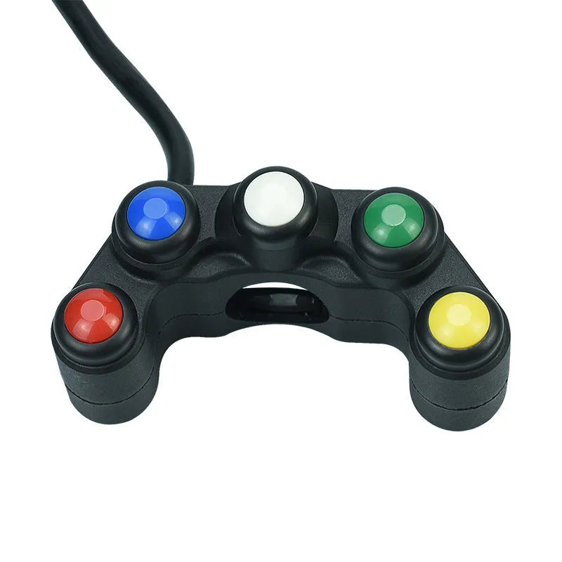 Plastic five-position vehicle switch with red, yellow, blue, green, and white buttons and a 52cm black wire.